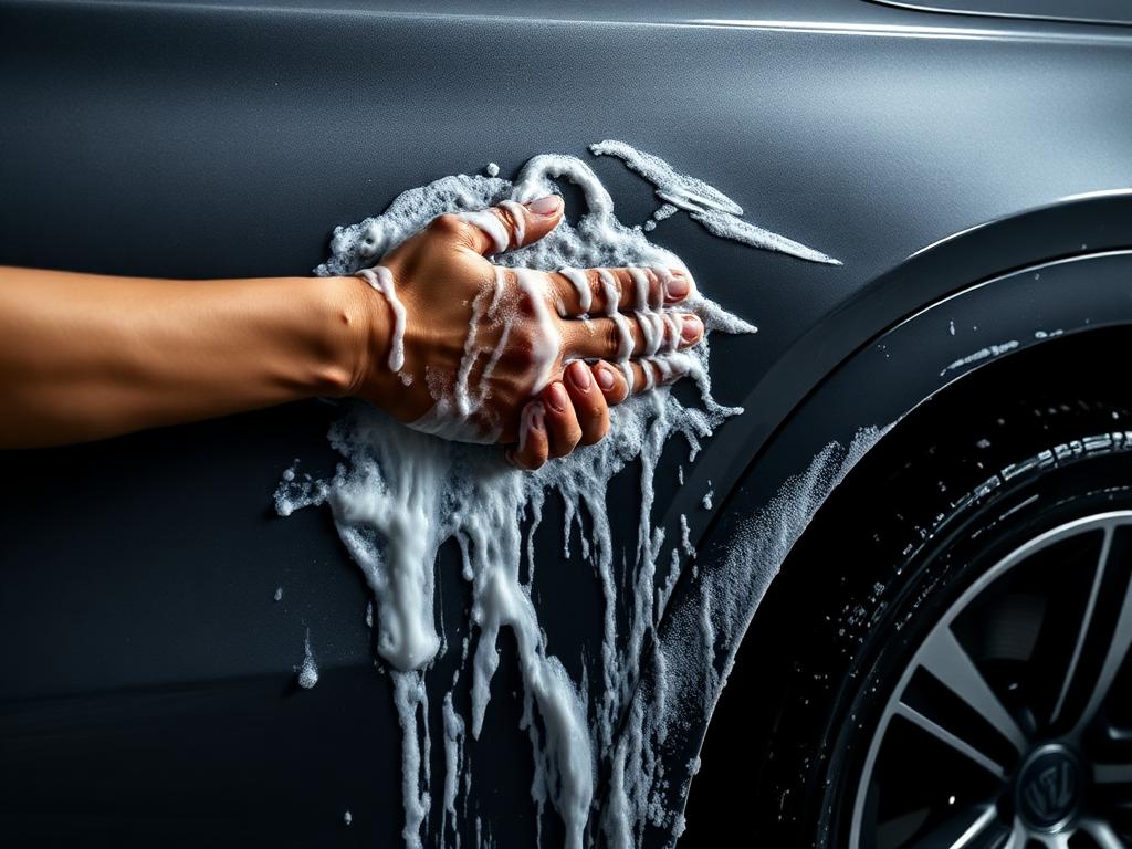 Hand washing the soapy exterior panel of a dark SUV