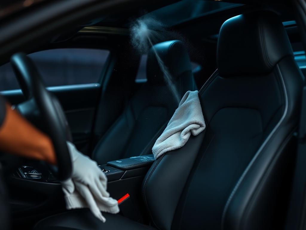 Detailer cleaning the black leather interior of a car